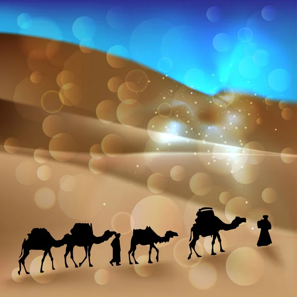 Arabian desert with camel caravan — Stock Vector