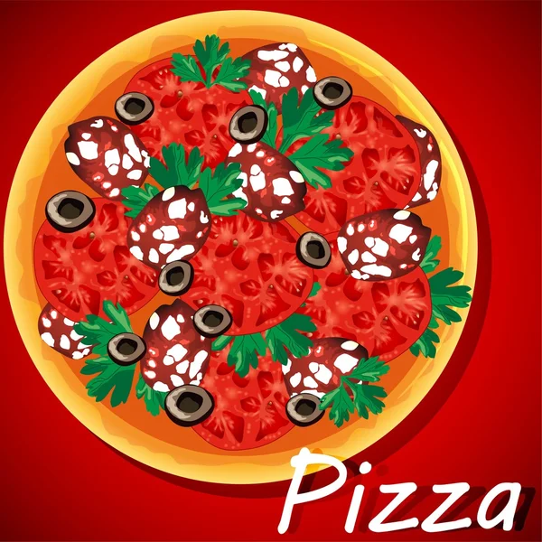 Färgglada runda välsmakande pizza på röd bakgrund med salami, tomater och Oliver — Stock vektor