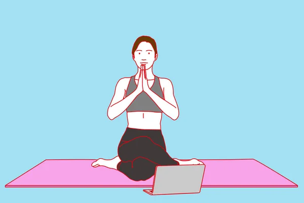 Mujeres Haciendo Yoga Línea Vector Ilustración — Vector de stock