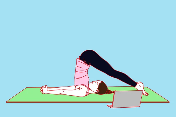 Frauen Machen Online Yoga Vektor Illustration — Stockvektor