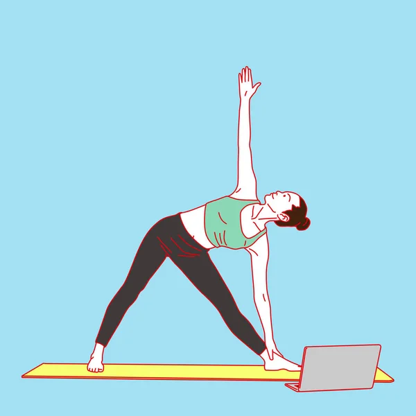 Vrouwen Doen Online Yoga Vector Illustratie — Stockvector