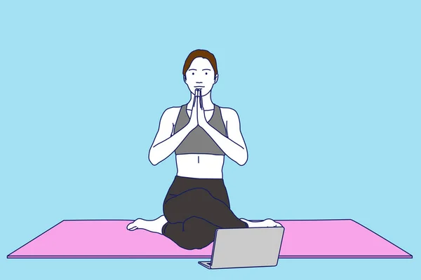 Mujeres Haciendo Yoga Línea Vector Illustrationprint — Vector de stock