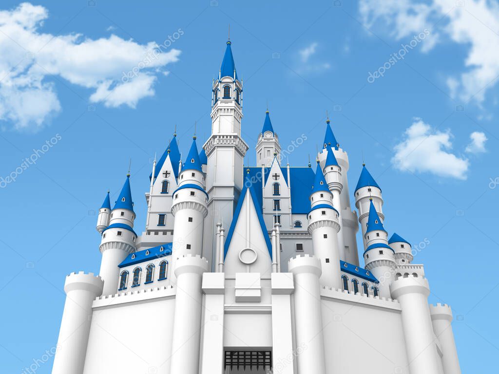 European castle with blue roof ,3D illustration