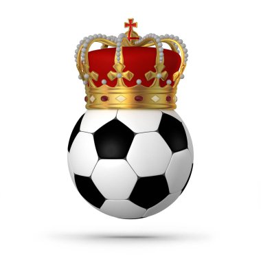 Golden Royal Crown 'da futbol. 3D İllüstrasyon. Futbol sporunda başarı kavramı.. 