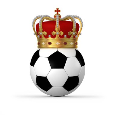 Golden Royal Crown 'da futbol. 3D İllüstrasyon. Futbol sporunda başarı kavramı.. 