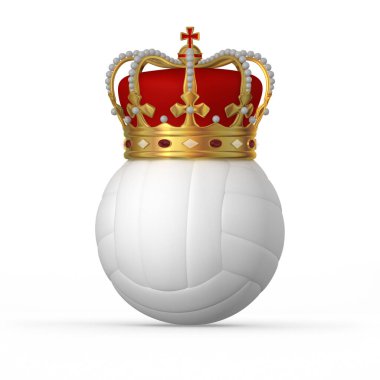 Golden Royal Crown 'da voleybol. 3D İllüstrasyon. Voleybol sporunda başarı kavramı.. 