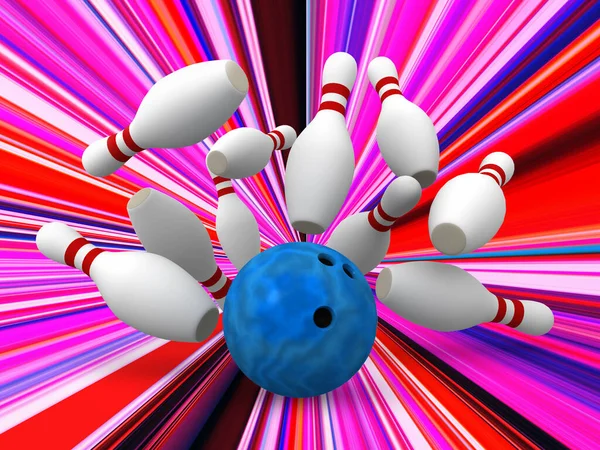 Bowling ball crashing into the pins, 3D illustration