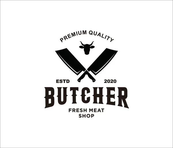 Et bıçakları ve boğa kafalı klasik kasap logosu.