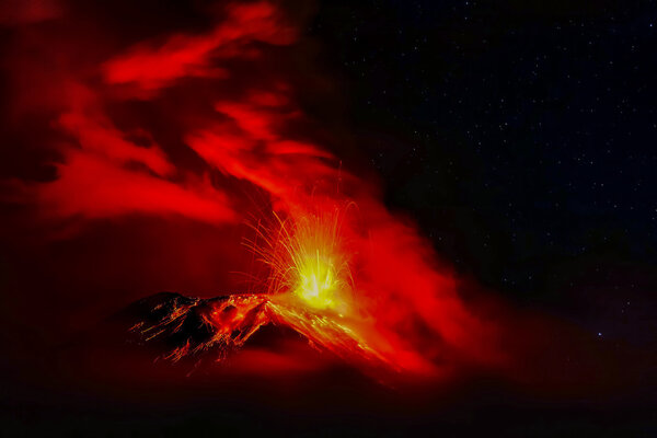 Powerful Explosion Of Tungurahua Volcano At Night