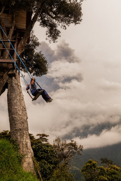Happy Child Swinging On A Swing At Sunset