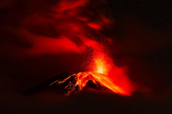 Tungurahua volcano explosion on february 2014 at night