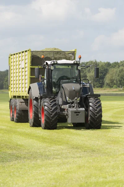 Doprava posečené trávy s traktorem a nakladač vůz — Stock fotografie