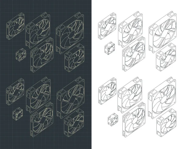 Stylizowane Ilustracje Wektorowe Rysunków Izometrycznych Wentylatorów Komputerowych Różnych Rozmiarów Typów — Wektor stockowy