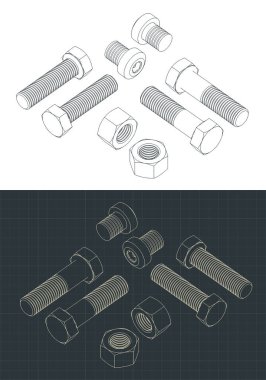 Bir vida ve fındık setinin izometrik çizimlerinin biçimlendirilmiş vektör çizimi