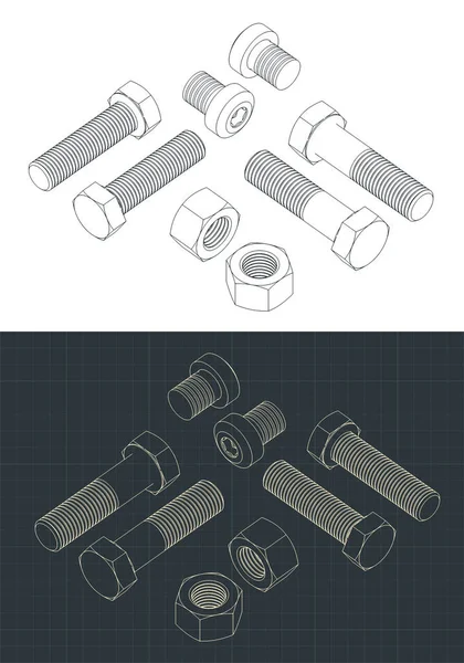 Stylizowana Ilustracja Wektorowa Rysunków Izometrycznych Zestawu Śrub Nakrętek — Wektor stockowy