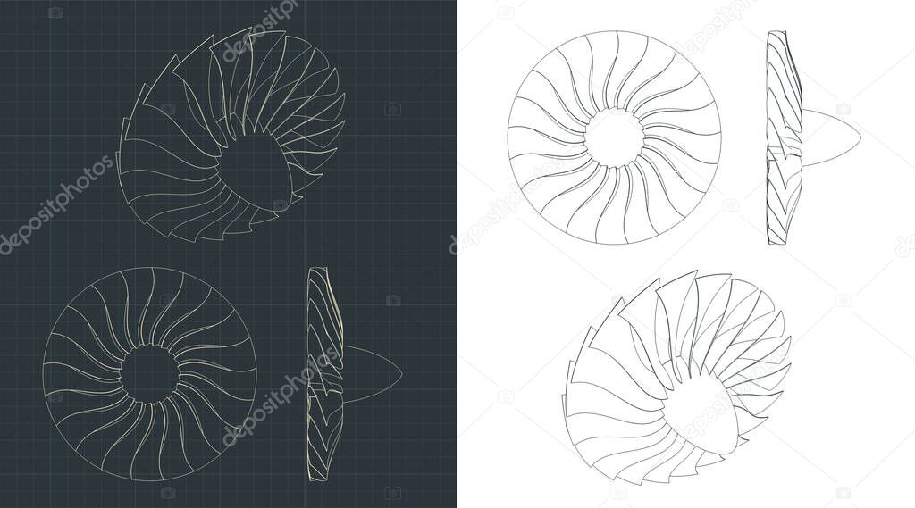 Stylized vector illustration of drawings of turbine blades