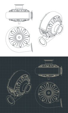 Turbo pompa çizimlerinin biçimlendirilmiş vektör çizimi mini set