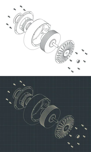 Ilustración Vectorial Estilizada Planos Isométricos Bombas Turbo Desmontadas — Vector de stock