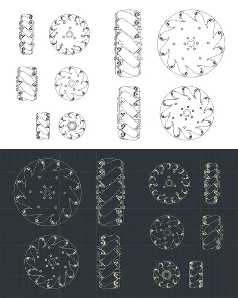 Illustrazione Vettoriale Stilizzata Disegni Ruota Mecanum Mini Set — Vettoriale Stock