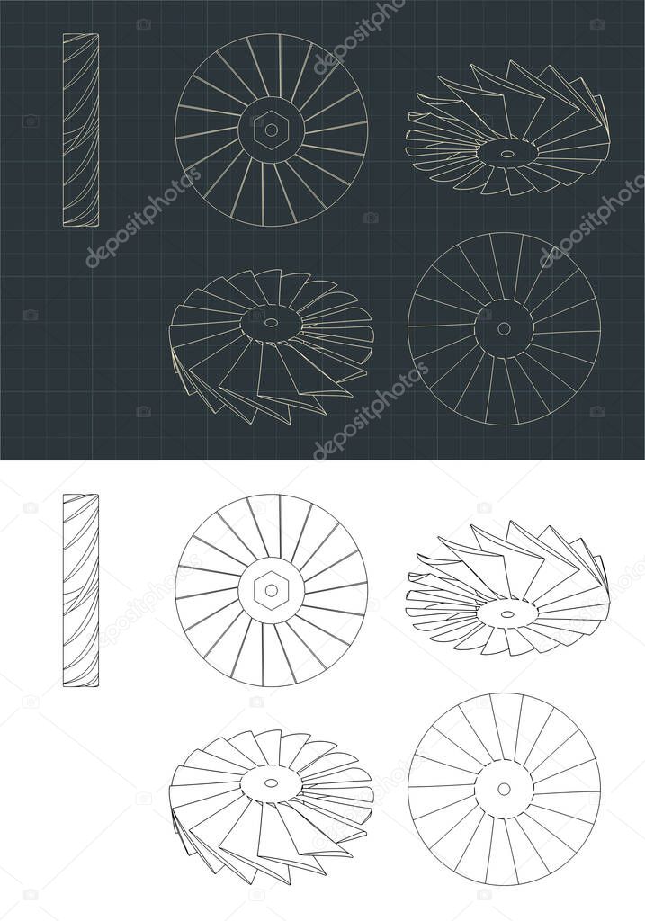 Stylized vector illustration of turbine rotor drawings