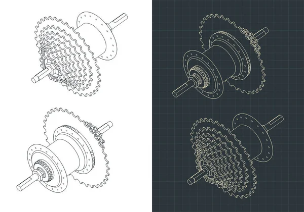 Stylizowana Ilustracja Wektorowa Piasty Rowerowej Kasetowymi Rysunkami Izometrycznymi — Wektor stockowy