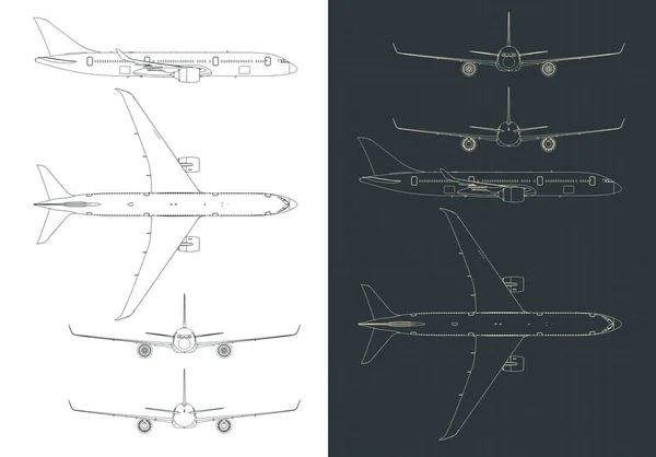 Ilustraciones Vectoriales Estilizadas Dibujos Aviones Comerciales Pasajeros — Archivo Imágenes Vectoriales