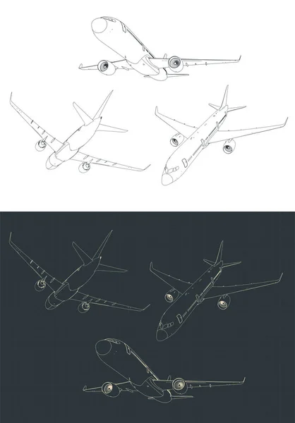 Stylized vector illustrations of commercial passenger airplane drawings