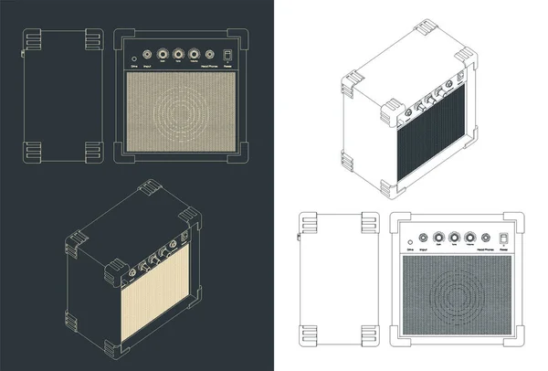 Stiliserad Vektor Illustration Gitarr Combo Förstärkare Ritningar — Stock vektor