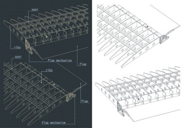 Uçak Kanat Yapısı ve flaplar sistem çizimlerinin biçimlendirilmiş vektör çizimi
