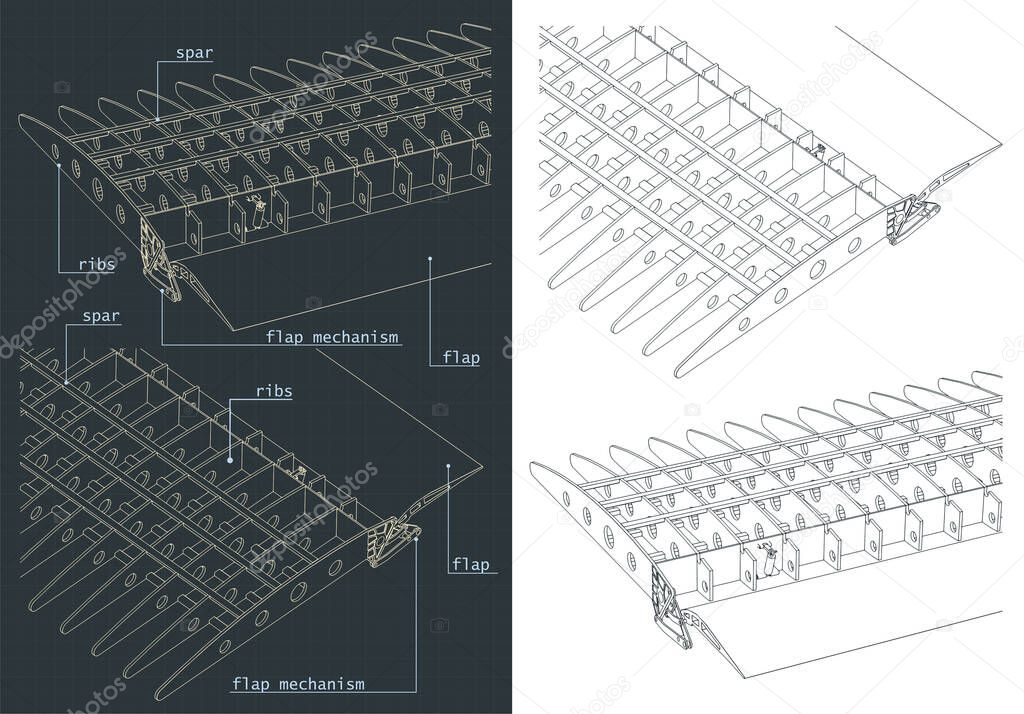 Stylized vector illustration of Aircraft Wing Structure and flaps systems drawings