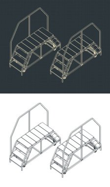 Çift girişli servis merdiveni çizimlerinin biçimlendirilmiş vektör çizimi