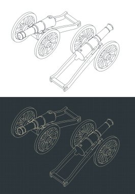 Vintage topçu topu izometrik çizimlerinin biçimlendirilmiş vektör çizimi