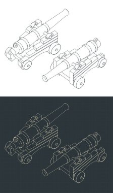 Vintage topçu topu izometrik çizimlerinin biçimlendirilmiş vektör çizimi