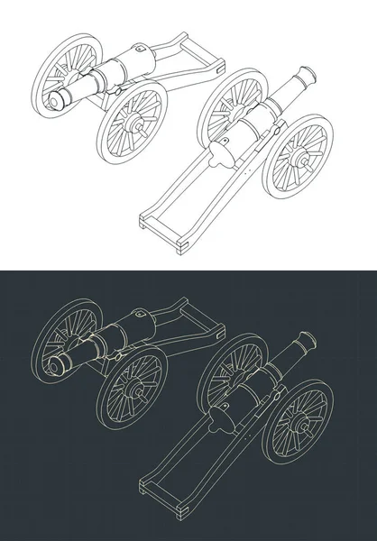 Vintage topçu topu izometrik çizimlerinin biçimlendirilmiş vektör çizimi