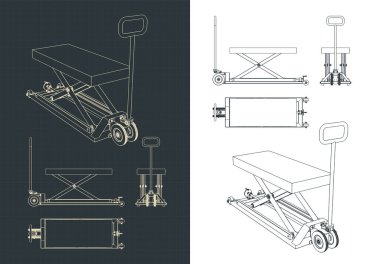 Hidrolik yukarı ve aşağı mekanizması olan bir palet krikosunun biçimlendirilmiş vektör çizimi