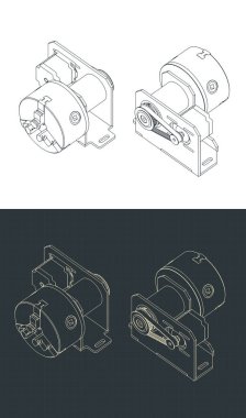 Motor ve kemer sürüş planlı torna parçasının biçimlendirilmiş vektör çizimleri