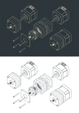 Stylized vector illustration of isometric drawings of a disassembled stepper motor with planetary gearbox clipart