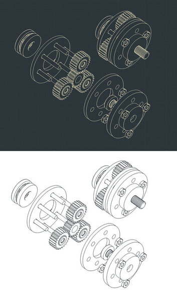 Stylized vector illustration of isometric drawings of a disassembled planetary gearbox