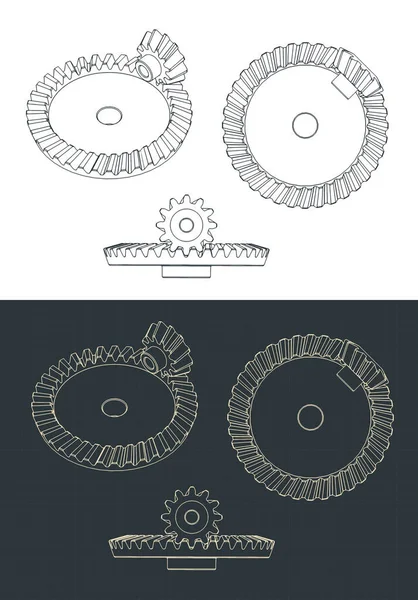 Stylized Vector Illustrations Helical Bevel Gear Pair Blueprints — Stock Vector