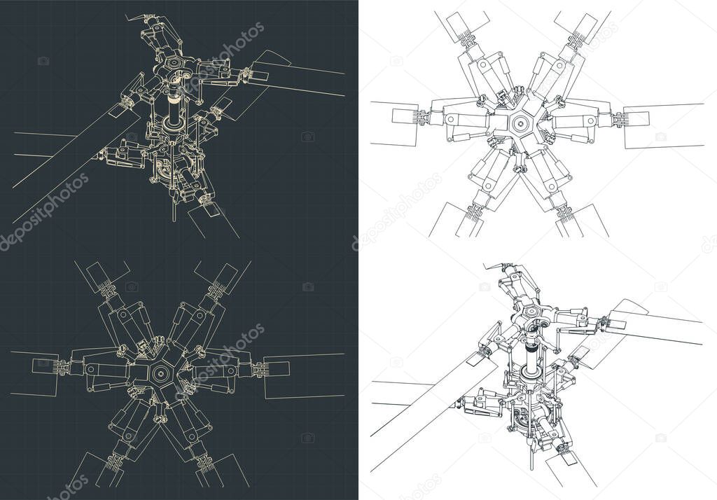 Stylized vector illustrations of mechanism of helicopter coaxial main rotor drawings