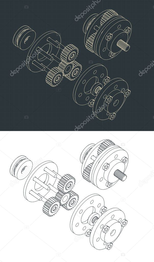 Stylized vector illustration of isometric drawings of a disassembled planetary gearbox