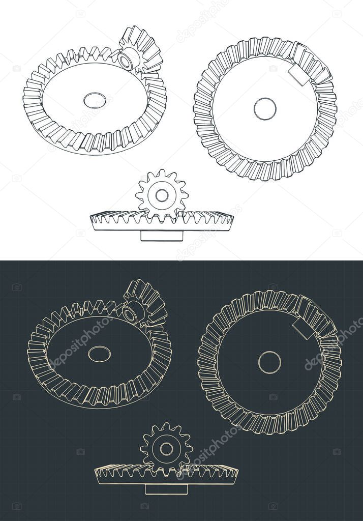 Stylized vector illustrations of helical bevel gear pair blueprints