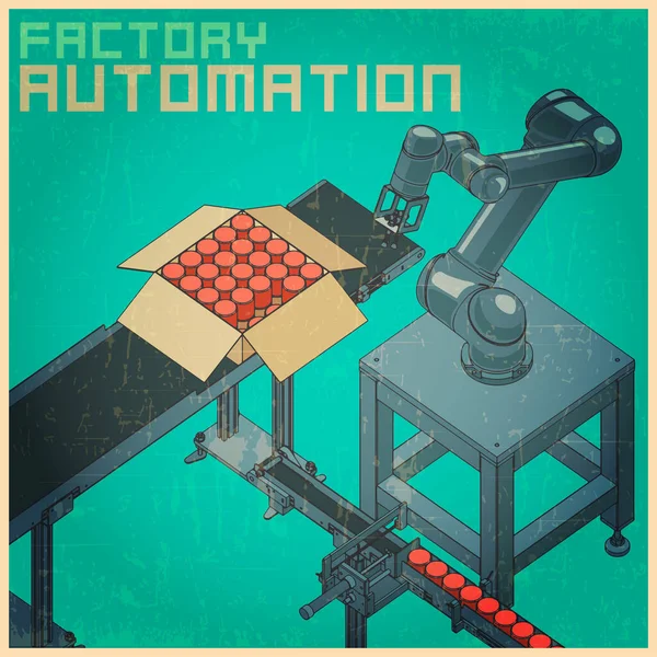 Robotik Fabrika Çizgisi Retro Posterinin Stilize Edilmiş Vektör Çizimi — Stok Vektör