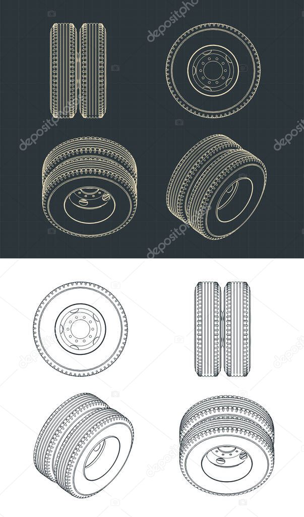 Stylized vector illustration of dual truck wheel blueprints