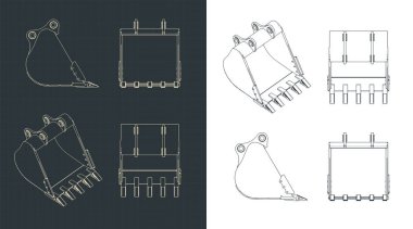 Bir kazıcı kovasının çizimlerinin biçimlendirilmiş vektör çizimi