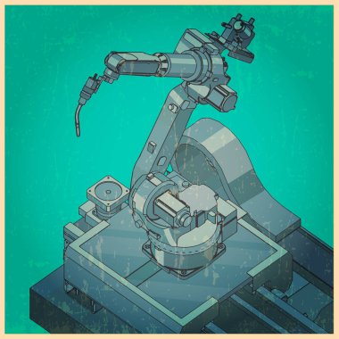 Otomatik fabrika hatları için retro poster tarzında robot kaynak makinesinin biçimlendirilmiş vektör illüstrasyonu