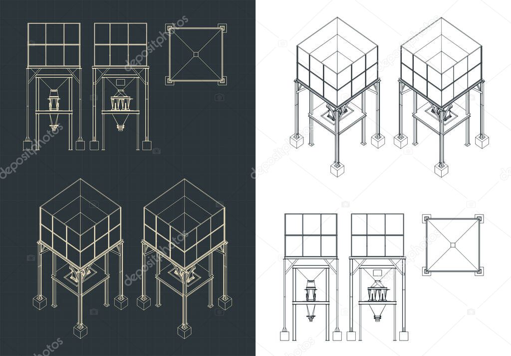 Stylized vector illustration of storage and buffer Silo blueprints
