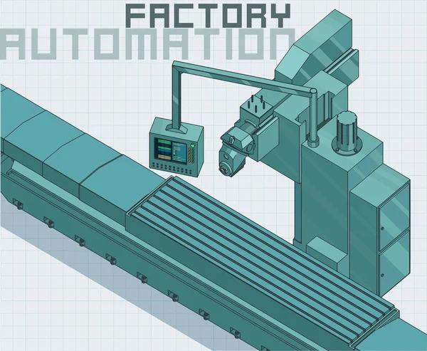 Ilustración Vectorial Estilizada Línea Fábrica Automatizada Con Panel Control — Vector de stock