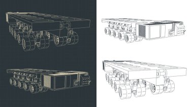 SPMT 'nin biçimlendirilmiş vektör çizimleri (Öz İtiş Modüler Taşıyıcı' nın kısaltması), çok ağır yükler için özel araçlar