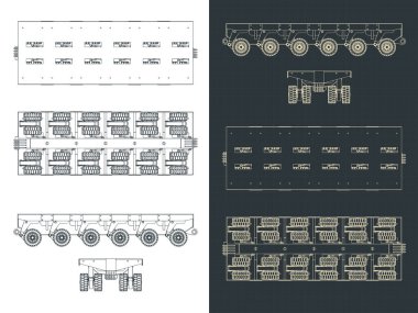 SPMT 'nin biçimlendirilmiş vektör çizimleri (Öz İtiş Modüler Taşıyıcı' nın kısaltması), çok ağır yükler için özel araçlar
